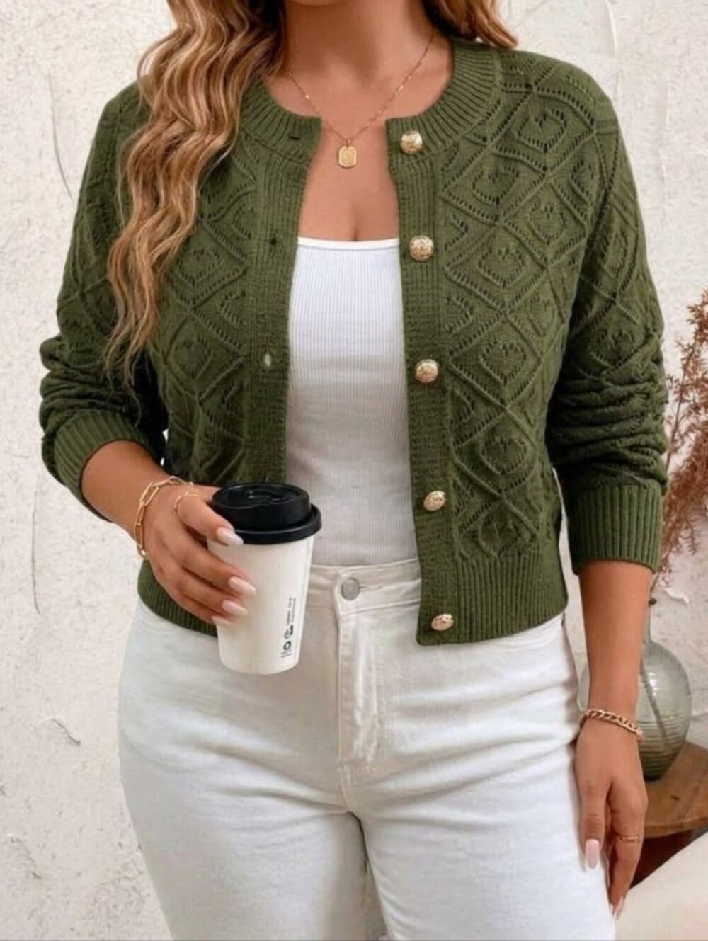 New Pointelle Knit Button Up Cardigan Sweater PLUS Olive Green